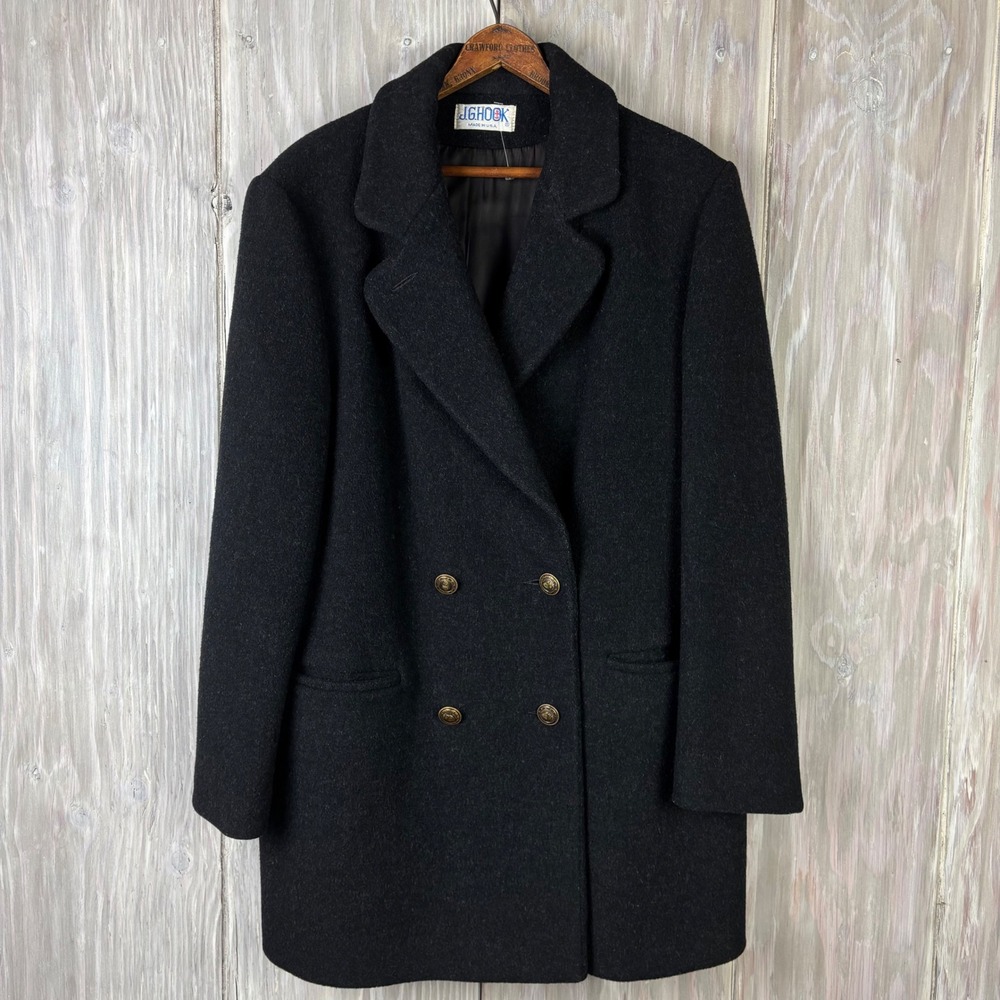VTG J.G. Hook Black Double Breasted Wool Coat Ornate Gold Buttons USA Union Made